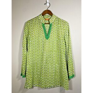 Oliphant Tunic Womens MEDIUM Green Metallic Gold Geometric Print Lightweight Top